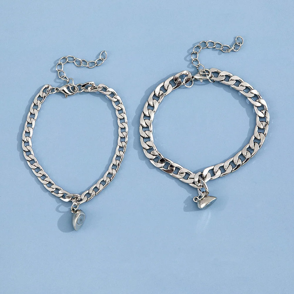 Stainless Steel Couple Bracelet Set – Heart-Shaped Magnet Design