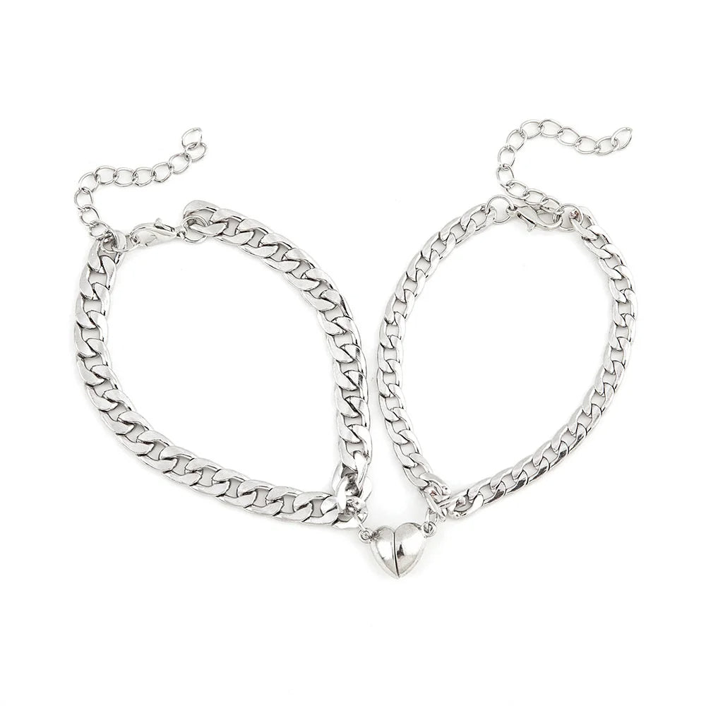 Stainless Steel Couple Bracelet Set – Heart-Shaped Magnet Design